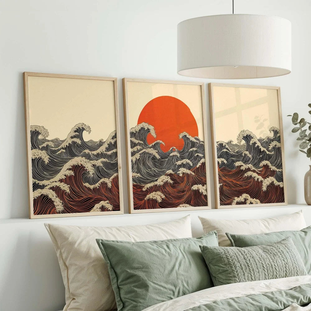 Hokusai Wave Sun Triptych Wall Art